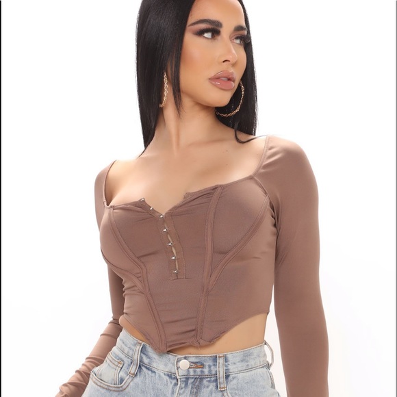 mocha cropped corset imitation long sleeve shirt - Picture 1 of 5